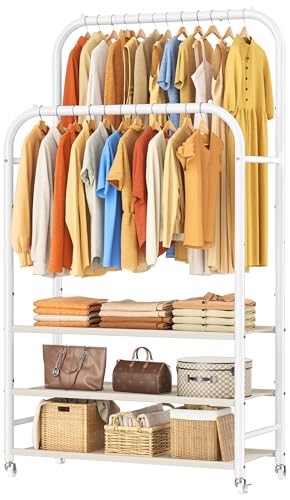HOMIDEC Clothes Rack,Double Rods Clothing Rack with 3 Tier Shelve&Wheels | Metal Garment Rack Multifunctional Closet Organizers and Storage System for Bedroom,Wardrobe Closet,Shop,White - color: White