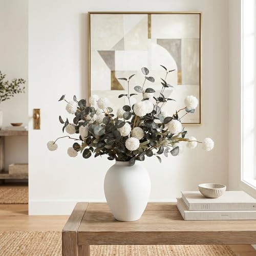White Artificial Flowers & Greenery With Vase, Faux Floral Arrangement Centerpiece for Dining Table, Realistic Silk Flowers With Modern Vase for Kitchen, Living Room, Bedroom, Entryway & Bathroom - size: White/Green Bouquet in Vase