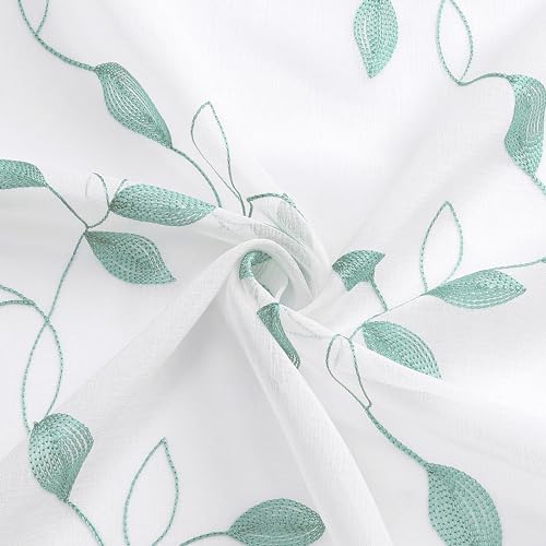 Tollpiz Teal Blue Leaf Sheer Tier Curtain Kitchen 30 x 36 Inches | Leaves Embroidered Curtains Rod Pocket Voile Bathroom Window Treatment for Cafe, Set of 2 Panels - color: Teal Blue, size: 30"W x 36"L (Pack of 2)