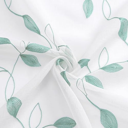 Tollpiz Teal Blue Leaf Sheer Tier Curtain Kitchen 30 x 36 Inches | Leaves Embroidered Curtains Rod Pocket Voile Bathroom Window Treatment for Cafe, Set of 2 Panels - color: Teal Blue, size: 30"W x 36"L (Pack of 2)