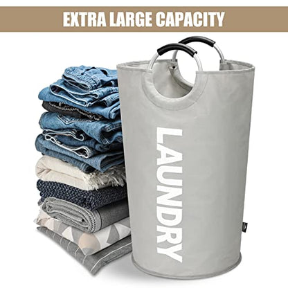 DOKEHOM 90L Large Laundry Basket Bag, Collapsible Tall Hamper, Grey | Freestanding tall washing bin & foldable laundry bag. High-capacity clothes storage basket with durable sturdy handles - color: Light Grey, size: 90L