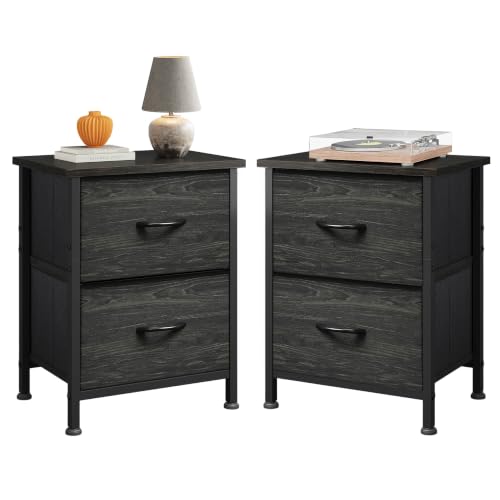 WLIVE Night Stand Set 2, Nightstand with 2 Fabric Drawers, Small Dresser for Bedroom, Bedside Table for Small Spaces, Dorm, Charcoal Black Wood Grain Print | Versatile Small Side Table, Sturdy Metal Frame & Adjustable Feet, 15-Min Quick-Assembly - color: