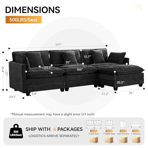 111'' Sectional Cloud Deep Seat Couch, Modern Comfy Chenille L Shaped Sectional Sofa for Living Room Set, Upholstered Modular 4-Seats Sofa Couch with 1 Movable Ottoman, Dark Grey - color: Dark Grey, size: 111'' L Shape