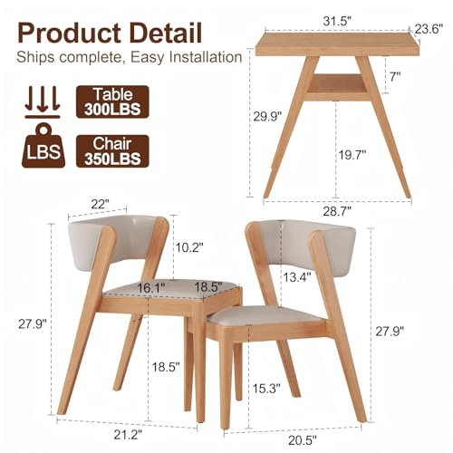 Solid wood Bistro dining table set 3 pcs Outdoor Patio Dining table Set of 2 with upholstered chairs Stackable Chair and Table Design Patio Conversation Set for Lawn,Deck,Backyard,Natural wood color - size: 31.5“ x 23.6” x 30“