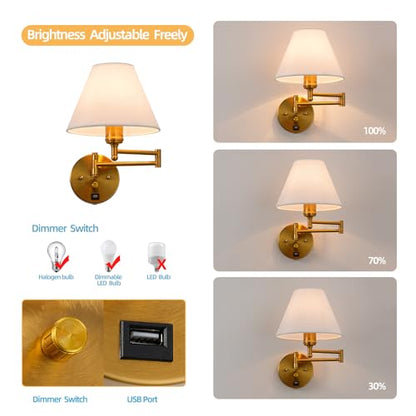 Swing Arm Wall Sconces, Plug-in Wall lamp,Bedroom Wall lamp ， White Fabric Shade，，with dimmable Switch and USB Charging Port, Suitable for Bedside, Living Room, Reading (Golden) - color: Golden