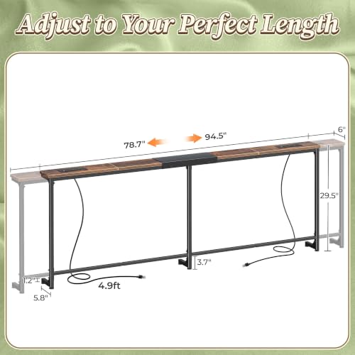 Huuger 78.7-94.5'' Extendable Behind Couch Table with Outlets, Rustic Brown | Stepless Length Adjustment, 2 Power Stations with USB-C Ports, Long Console Table, Slim Sofa Table - color: Rustic Brown, size: 78.7- 94.4"W x 29.5"H