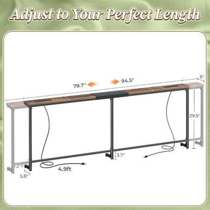 Huuger 78.7-94.5'' Extendable Behind Couch Table with Outlets, Rustic Brown | Stepless Length Adjustment, 2 Power Stations with USB-C Ports, Long Console Table, Slim Sofa Table - color: Rustic Brown, size: 78.7- 94.4"W x 29.5"H