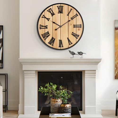 Large Wall Clock 30IN, Silent Metal Wood Style Wall Clocks Battery Operated for Living Room Decor, Farmhouse Big wall Clock, Outdoor - color: Wood-roman, size: 30IN