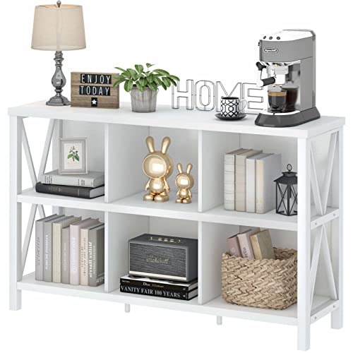 6 Cube Storage Organizer Book Shelf, 47 Inch Horizontal Bookshelf, Wood and Metal Cube Bookcase, Low Bookshelf for Living Room, Home Office (White Oak) - color: White Oak, size: Without Drawer
