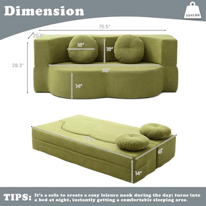 76" Convertible Folding Futon Sofa Bed, Queen Sleeper Sofa with Pillow, Teddy Floor & Futon Loveseat Couch, Foam Folding Mattress Sleeper for Living Room, Guest Use, Apartment, No Assembly (Green) - color: Green