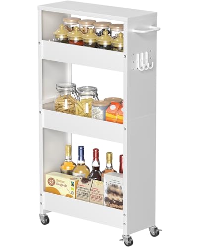 CHLORYARD Slim Storage Cart, 4-Tier Kitchen Rolling Cart Narrow Storage Cabinet with Handle & Wheels, Metal Rolling Shelf Unit for Kitchen Bathroom Laundry Small Places (5.9IN White/White) - color: White/White, size: 5.9 IN Width