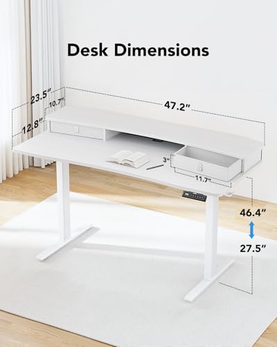 HUANUO 48″ x 24″ Electric Standing Desk with 2 Drawers, C-Clamp Mount Compatible, Height Adjustable Computer Desk, Home Office Stand Up Desk with 4 Preset Heights & 2 Hooks, White - color: White, size: 48" X 24"