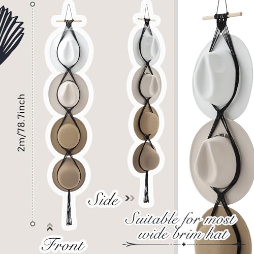 Macrame Hat Hangers Racks Boho Cowboy Hats Holders Western Display Organizer Storage decor Back of Door for Wall(Black,Four Hats Style) - color: Black, style: Four Hats Style