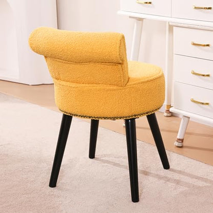 Vanity Chair with Back, Sherpa Stool with Tufted Backrest & Gold Nailhead Trim, Round Vanity Seat for Bedroom and Bathroom Makeup, Support 220lbs, Easy Assembly (Yellow) - color: Yellow
