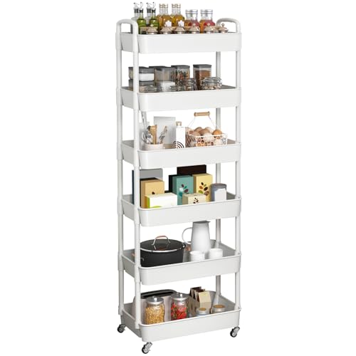 Sywhitta 6-Tier Plastic Rolling Utility Cart with Wheels for Storage,White | Multi-Functional Storage Trolley, for Office, Living Room, Kitchen, Bathroom,Movable Organizer,Space-Saving,Easy to assemble - color: White, size: 6-tier