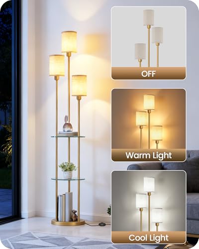 Floor Lamp with Shelves, Modern Floor Lamp with 3 Linen Shades and Foot Switch, 3-Light Standing Lamp, for Living Room, Bedroom, Study, Office, Gold and Beige ED53LD05 - color: Gold + Beige