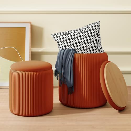 Recximi Orange Round Storage Ottoman Set of 2, Large Velvet Ottoman with Storage, Multifunctional Vanity Stool, Small Pouf Ottomans Foot Stool, Storage Stools for Living Room, Bedroom - color: Orange