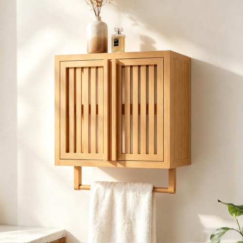 Bamboo Wall Cabinet, 2-Door Bathroom Storage with Towel Bar | Over The Toilet Storage with Adjustable Shelf, Wall Mounted or Countertop Cabinet for Bathroom, Kitchen & Laundry Room