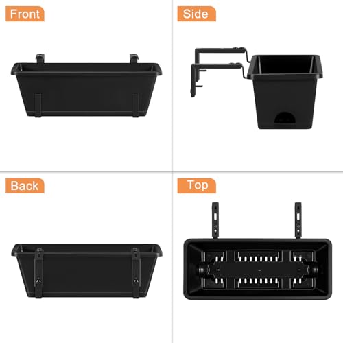 ETELI Railing Planter Hanging Planter Box with Brackets Set 6, Black | Adjustable with Drainage Holes for Deck Garden Window Fence - color: All Black