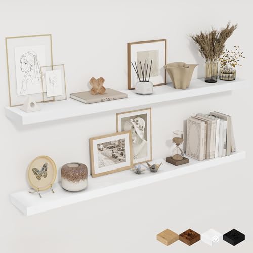 Fun Memories White Floating Shelves for Wall, 48 Inch Floating Shelves for Home Decor, Wall Mounted Rustic Wood Shelves, Bathroom, Hanging Deep Shelf for Bedroom, Living Room, Kitchen, 2 Packs - color: White, size: 48"W x 6.5"D, 2Packs