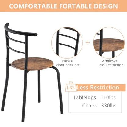 VINGLI 3 Piece Dining Set, Small Kitchen Table Set for 2, Breakfast Table Set, Kitchen Wooden Table with 2 Chairs for Small Space/Dining Room/Apartment, Metal Frame, Wine Rack, Burnt Brown - color: Burnt Brown