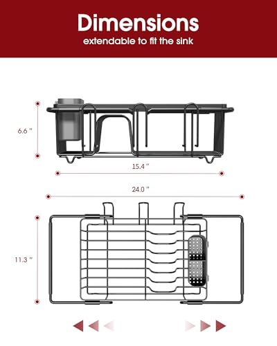 Sakugi Dish Drying Rack in Sink - Expandable Stainless Steel Dish Rack Over The Sink, Kitchen Sink Drain Strainer with Cutlery Holder & Cup Holders, 15.4 x 11.3 x 6.6 Inch, Black - color: Black, size: Large - 15.4" x 11.3" x 6.6"