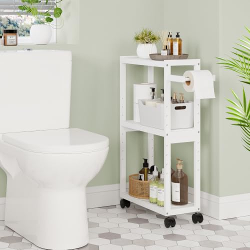 RRX Bamboo Rolling Cart, Slim 3-Tier Standing Shelf Units on Wheels(White) | Bamboo Shelves Utility, Storage Corner Shelf Cabinet for Narrow Space, Toilet Paper Organizer for Bathroom, Kitchen - color: White
