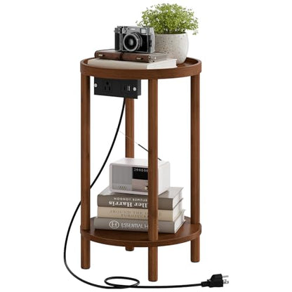 HOOBRO Small Round Side Table with Charging Station, 2-Tier Round Bamboo End Table, Compact Sofa Bedside Table for Small Space, Easy Assembly, for Living Room, Bedroom, Apartment, Mocha MA156UBZ01 - color: Mocha