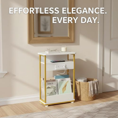 YEAKOO Narrow Side Table with Charging Station, 3-Tier End Table with 2 USB Ports & Power Outlets, Thin Sofa Side Table for Small Spaces, Bedside Table Nightstand for Living Room, White+Gold - color: White+gold
