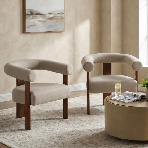 VKNOW Barrel Accent Chairs Set of 2 with Armrests and Walnut Wood Legs | Mid Century Modern Upholstered Living Room Chairs with Open Back, Faux Mohair Fabric, for Living Room, Bedroom, Brown - color: Brown(walnut Legs), size: Set of 2