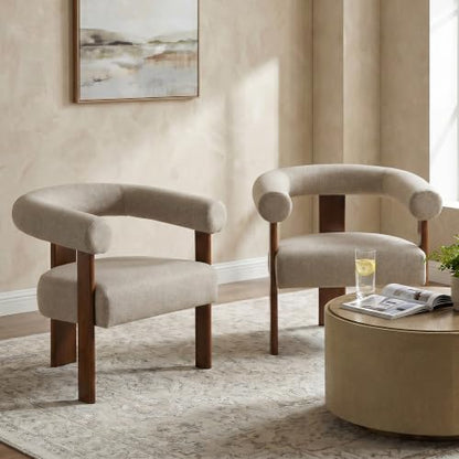 VKNOW Barrel Accent Chairs Set of 2 with Armrests and Walnut Wood Legs | Mid Century Modern Upholstered Living Room Chairs with Open Back, Faux Mohair Fabric, for Living Room, Bedroom, Brown - color: Brown(walnut Legs), size: Set of 2