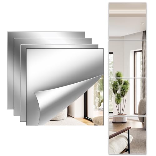 Full Length Wall Mirror Tiles, 12'' x 12'' x 4PCS, Acrylic Unbreakable Full Body Mirror for Bedroom Squares Shatterproof Mirror Sheets Wall Mounted for Home Gym Door Plexiglass Mirrors Safe for Kids - size: 12x12Inchx4Pack