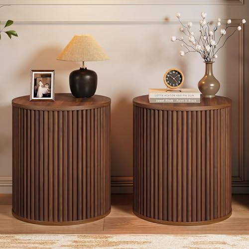 Round Fluted Side Table Set of 2, 15.7" Mid-Century Modern End Table with Storage, Wooden Bedside Table Round Nightstand Small Circle Sofa Accent Table for Living Room, Bedroom (Walnut) - color: Walnut, size: 15.7"D x 15.7"W x 17.7"H