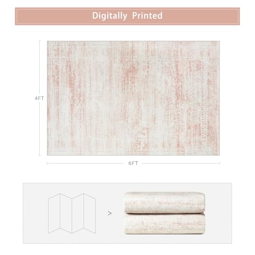 Pink Washable Rugs 4x6 Area Rugs for Living Room,Bedroom,Kids Room,Nursery | Ultra Soft Faux Wool,Kids&Pet Friendly,Machine Washable,Non-Slip&Non-Shedding,Small Low Pile Vintage Carpets for Home Office - color: Pink-white, size: 4' x 6' (Rectangular)