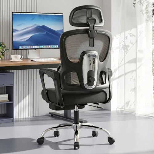 Ergonomic Office Chair with Footrest, 90-145° Reclining Desk Chair with Adjustable Lumbar Support & Headrest, High Back Mesh Computer Chair for Home Office/Gaming, 350lbs Capacity - color: Black Silver