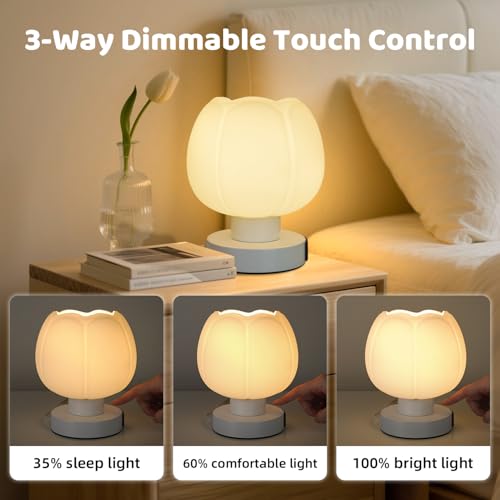Touch Bedside Lamp wtih USB C+A Charging Ports,Tulip Flower Lamp | 3-Way Dimmable Lamp,Nightstand Lamp with Soft Light, Aesthetic Lamp with Wide Application