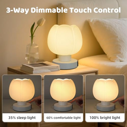 Touch Bedside Lamp wtih USB C+A Charging Ports,Tulip Flower Lamp | 3-Way Dimmable Lamp,Nightstand Lamp with Soft Light, Aesthetic Lamp with Wide Application