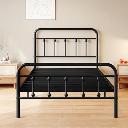 zunatu King Size Metal Bed Frame with Victorian Style Headboard and Footboard, Steel Slat Support Platform Bed, No Box Spring Needed, Under Bed Storage, Easy Assembly, Black - size: Twin