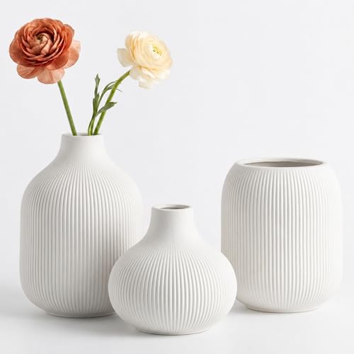 Ceramic Vase Set for Decor, Small Bud Vases, Pastel Decorative Vases for Table, Shelf, Living Room, Kitchen, Nursery, Dorm, (White) - color: White