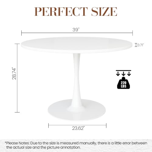 Recaceik Round Dining Tulip Table for 4, 39.1" Modern Kitchen Table with 0.7” Thickened Tabletop & Sturdy Metal Pedestal, Mid-Century Leisure Table for Dining Room, Living Room, Cafe (White) - color: White