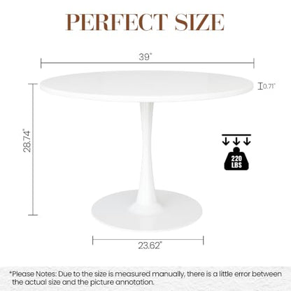 Recaceik Round Dining Tulip Table for 4, 39.1" Modern Kitchen Table with 0.7” Thickened Tabletop & Sturdy Metal Pedestal, Mid-Century Leisure Table for Dining Room, Living Room, Cafe (White) - color: White