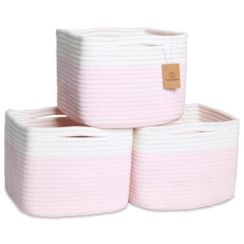 NaturalCozy Storage Cubes 9”x9”x7”Cotton Rope Woven Baskets for Organizing 3-Pack | 9 Inch Cube Storage Bin | Small Basket for Shelf Nursery, Pantry, Decorative Plant, Bathroom Closet, Toy Gift - color: Off White & Mixed Pink