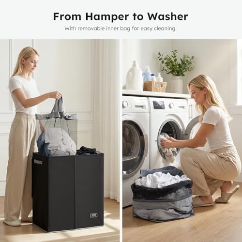 SOLEDI Double Laundry Hamper with Lid and Removable Laundry Bags,Divided Laundry Bin - Large Clothes Hamper 2 Section - Collapsible Laundry Baskets for Bedroom, Bathroom, Laundry Room,Black - color: Black, size: 145l