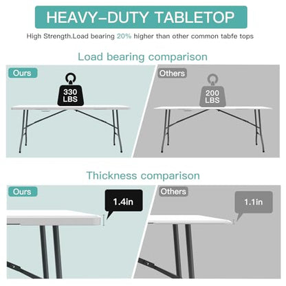 6 ft Portable Folding Table, UV-Protected Waterproof Top, 330 lb Capacity | HDPE top, powder-coated steel frame, built-in handle, compact fold-in-half design, indoor and outdoor use - size: 6ft Folding Table
