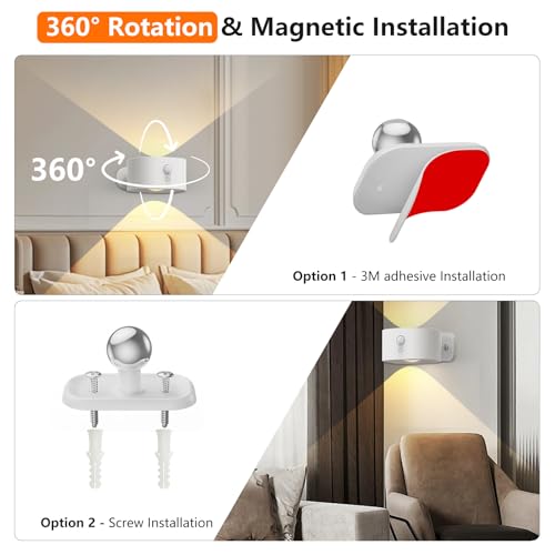 Deyagoo Motion Sensor Wall Light,Rechargeable Battery Operated Sconce-White | 360°Rotate, Rechargeable, Dimmable, Touch Control - color: White-C