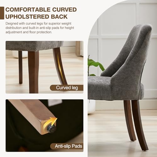 UVV Wooden Dining Chairs Set of 2, Mid Century Modern Upholstered Dining Room Chair Kitchen Chairs, Chenille Dinner Chair with Solid Wood Legs for Kitchen Dining Room, Dark Grey - color: Dark Grey, size: Set of 2