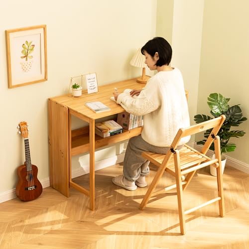 Bamboo Folding Desk, Mid Century Modern Sturdy & Space-Saving Hideaway Desk for Home Office Bedroom Small Spaces, Fold Out Desk with Storage Ergonomic Height Murphy Desk (Natural) - color: Natural