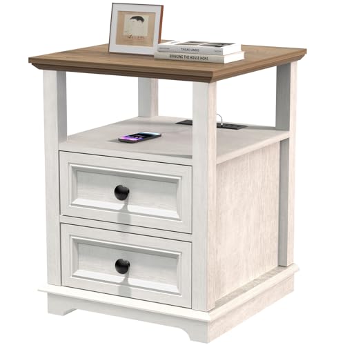 18" Wide End Table with Fast Charging Station Set of 2, 18” Wide Sofa End Table with Drawers,Storage Rustic Wood Storage Cabinet,Sofa Table for Living Room,White | 18” Wide Sofa End Table with Drawers,Storage Rustic Wood Storage Cabinet,Sofa Table for Liv