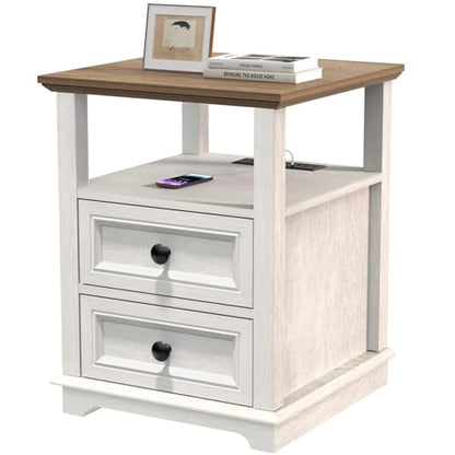 18" Wide End Table with Fast Charging Station Set of 2, 18” Wide Sofa End Table with Drawers,Storage Rustic Wood Storage Cabinet,Sofa Table for Living Room,White | 18” Wide Sofa End Table with Drawers,Storage Rustic Wood Storage Cabinet,Sofa Table for Liv