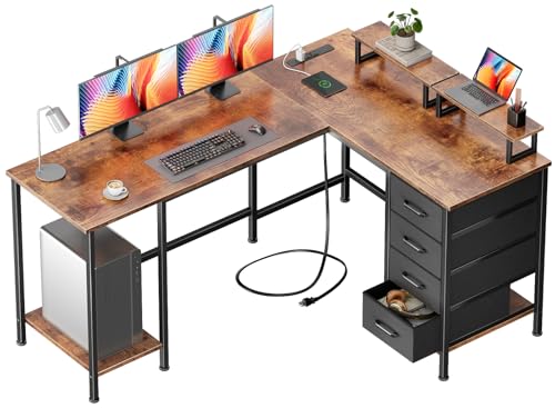 Korfile 59 inch L Shaped Computer Desk with Power Outlets, Rustic Brown | Ideal for Home Office, Bedroom, Corner, 4 Adjustable Storage Drawers, 2 Monitor Stands, Reversible, Two Person Gaming Table - color: Rustic Brown